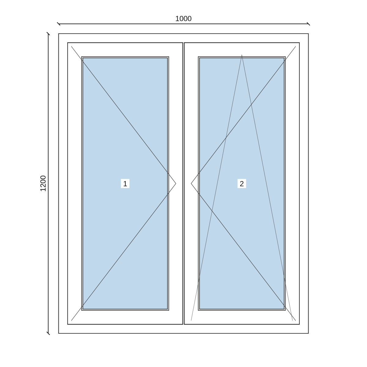 Serramento in PVC 1000 × 1200 mm, disegno della configurazione