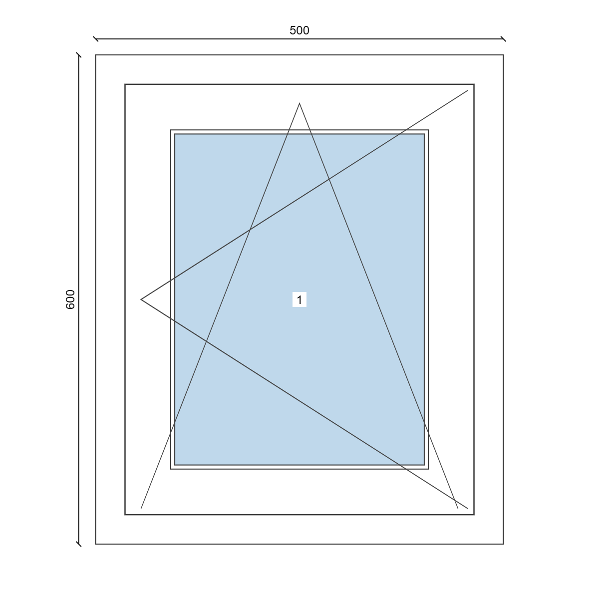 Serramento in PVC 500 × 600 mm, disegno della configurazione