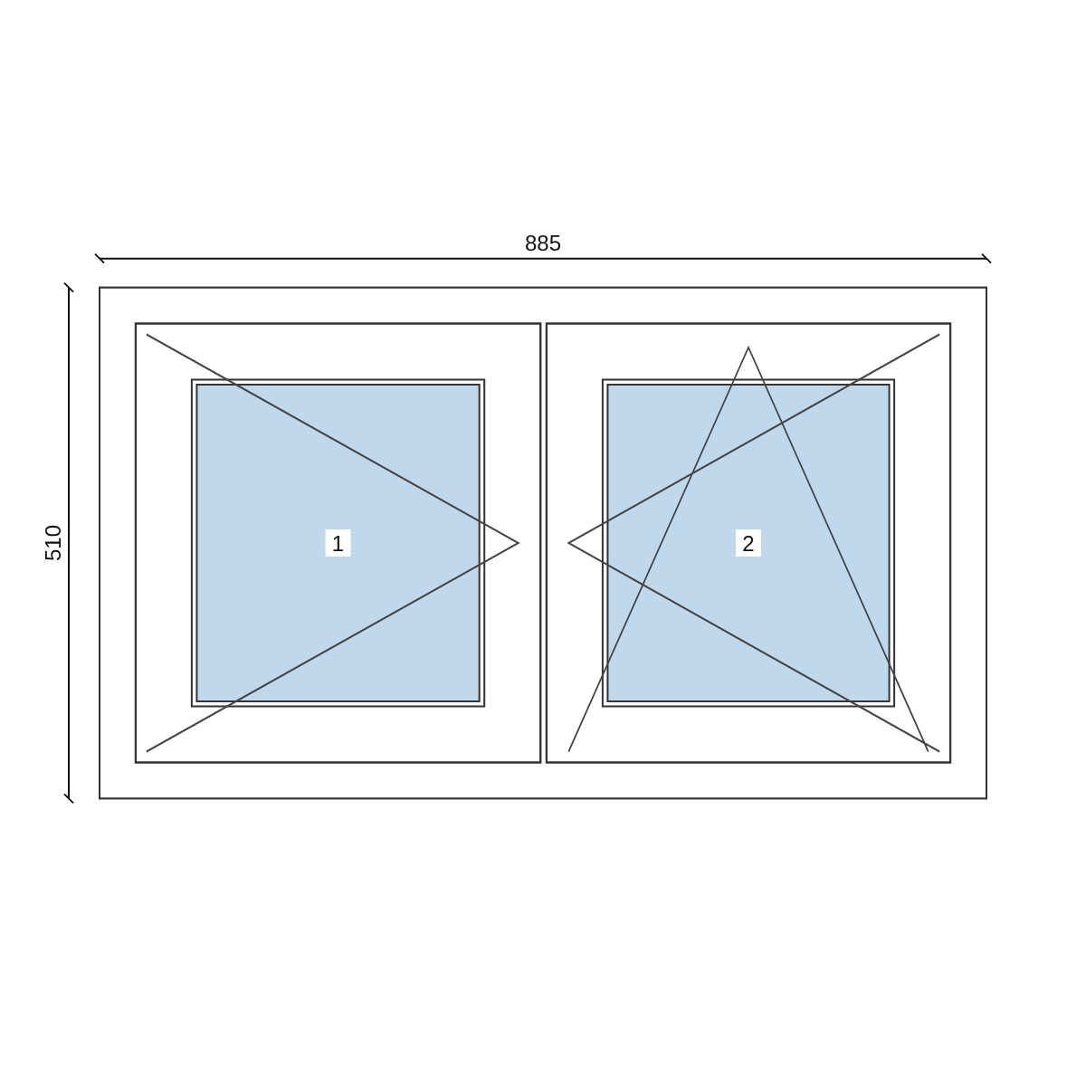 Serramento in PVC 885 × 510 mm, disegno della configurazione