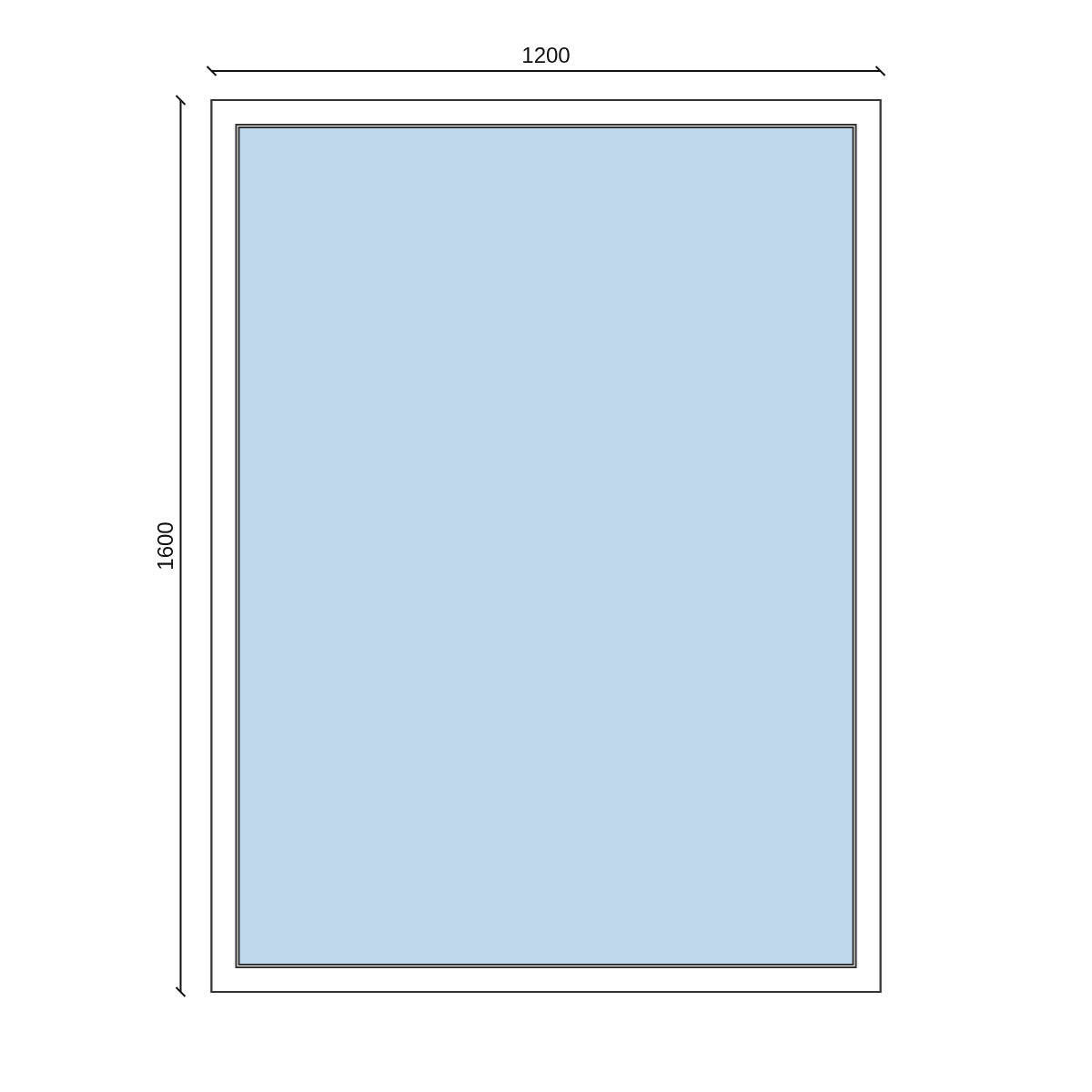 Serramento in PVC 1200 × 1600 mm, disegno della configurazione