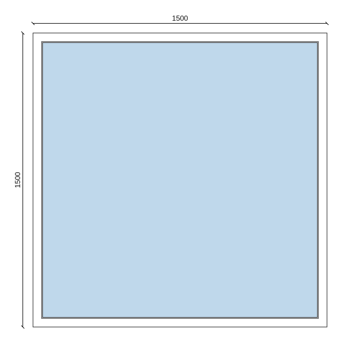 Serramento in PVC 1500 × 1500 mm, disegno della configurazione