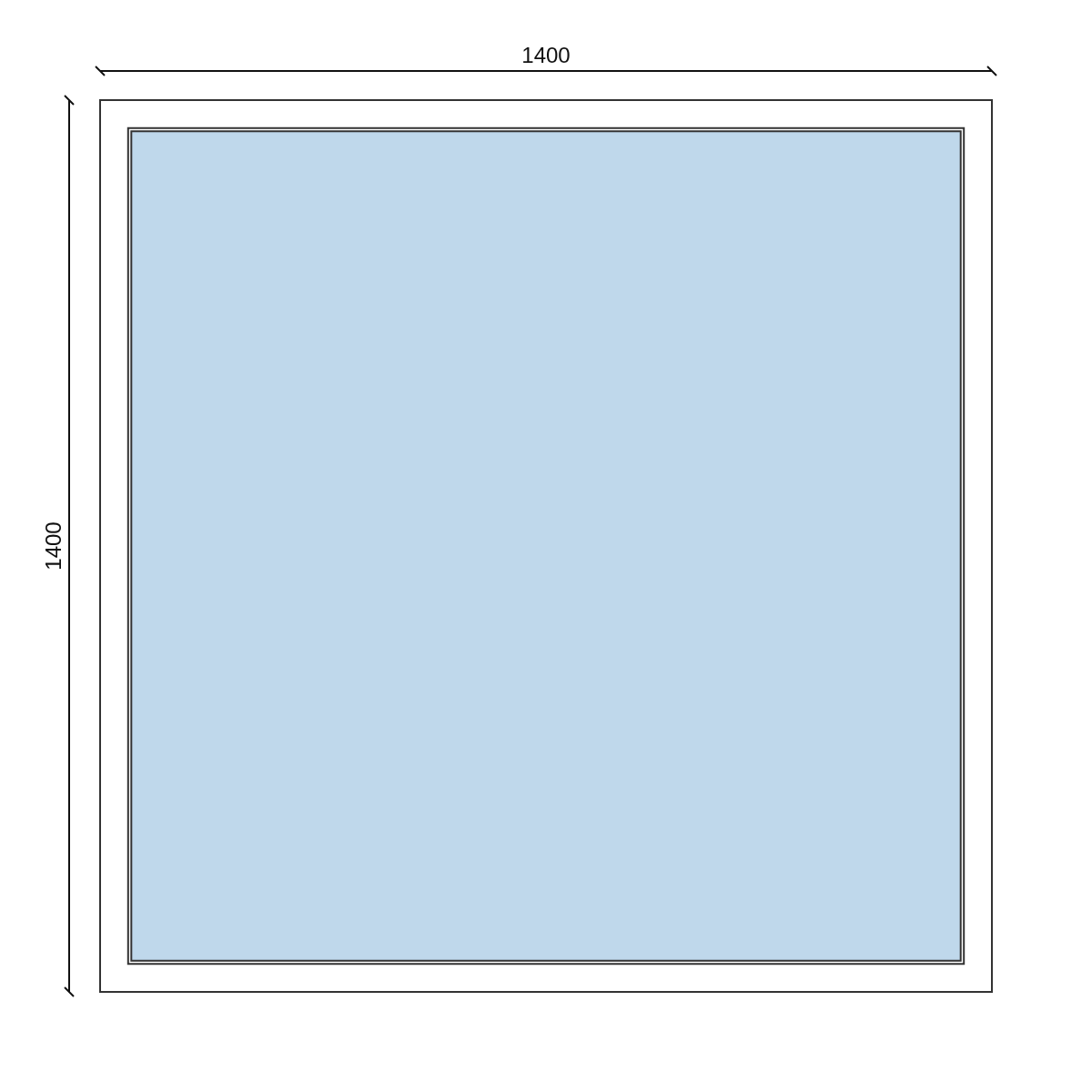 Serramento in PVC 1400 × 1400 mm, disegno della configurazione