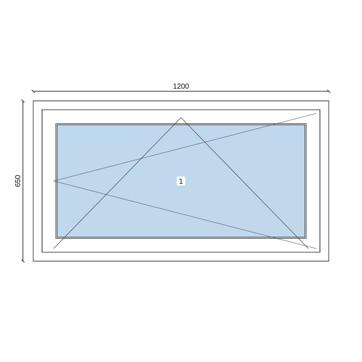 Serramento in PVC 1200 × 650 mm, disegno della configurazione