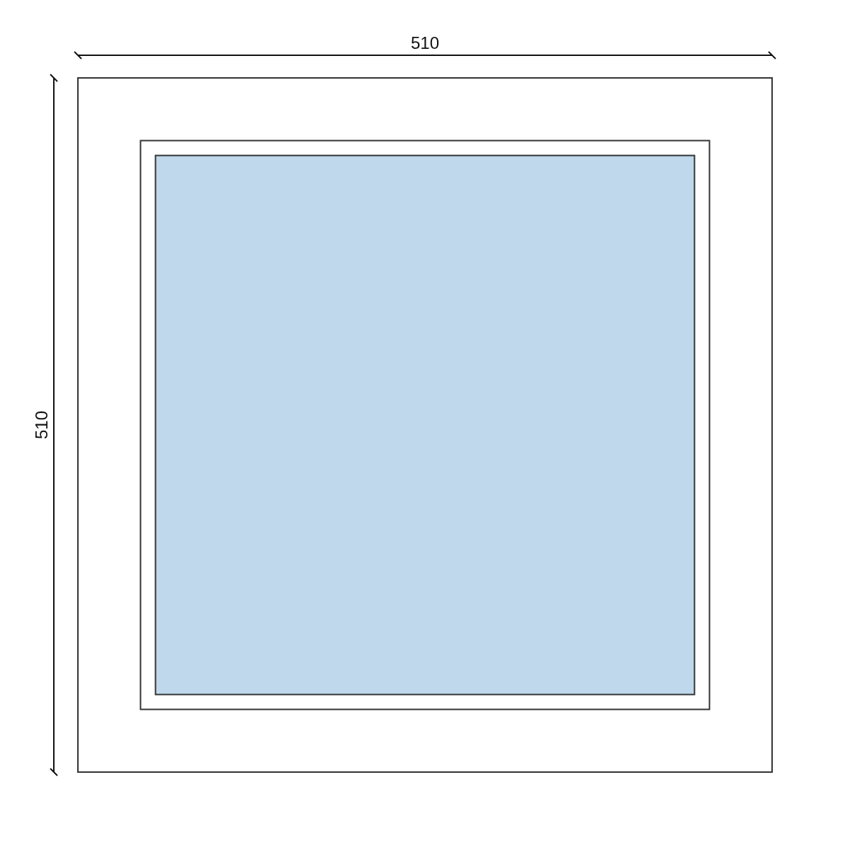Serramento in PVC 510 × 510 mm, disegno della configurazione