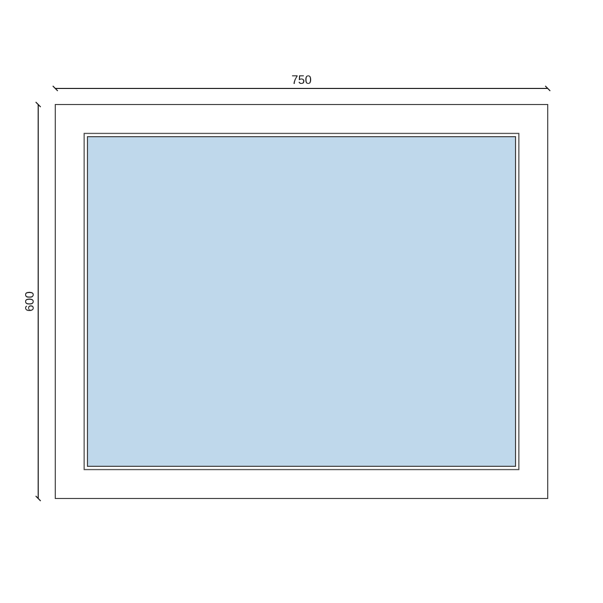 Serramento in PVC 750 × 600 mm, disegno della configurazione