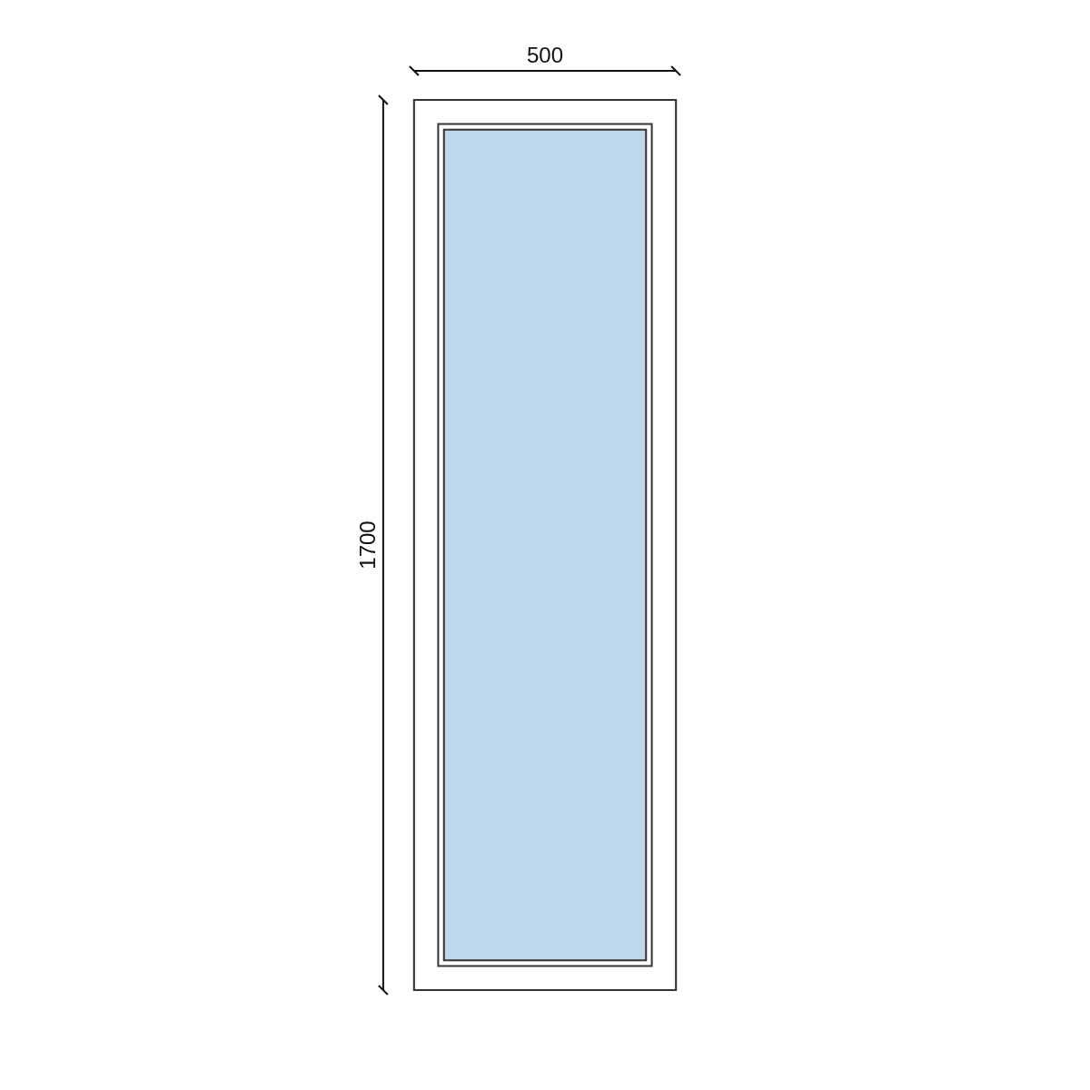 Serramento in PVC 500 × 1700 mm, disegno della configurazione