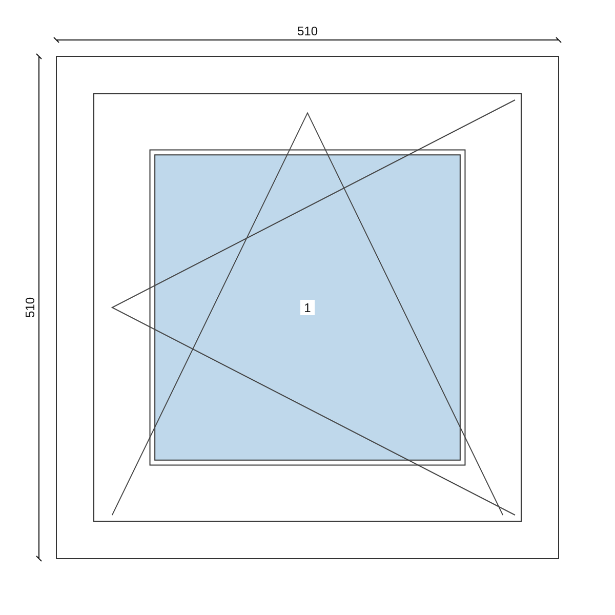 Serramento in PVC 510 × 510 mm, disegno della configurazione