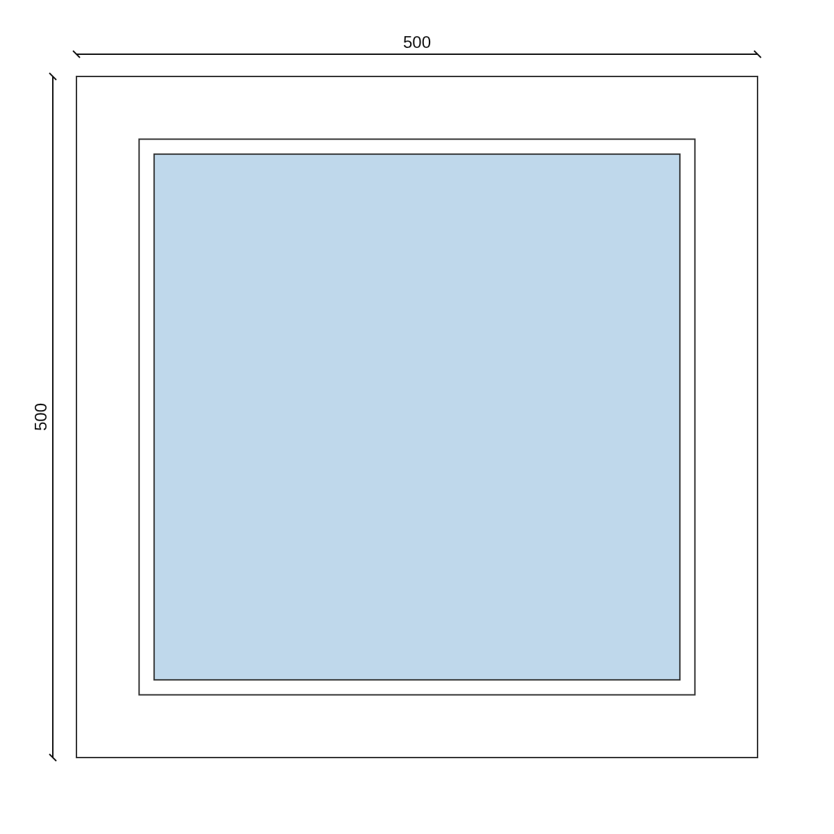 Serramento in PVC 500 × 500 mm, disegno della configurazione