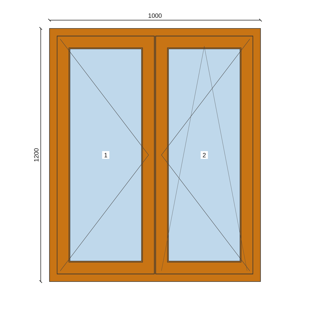 Serramento in PVC 1000 × 1200 mm, disegno della configurazione