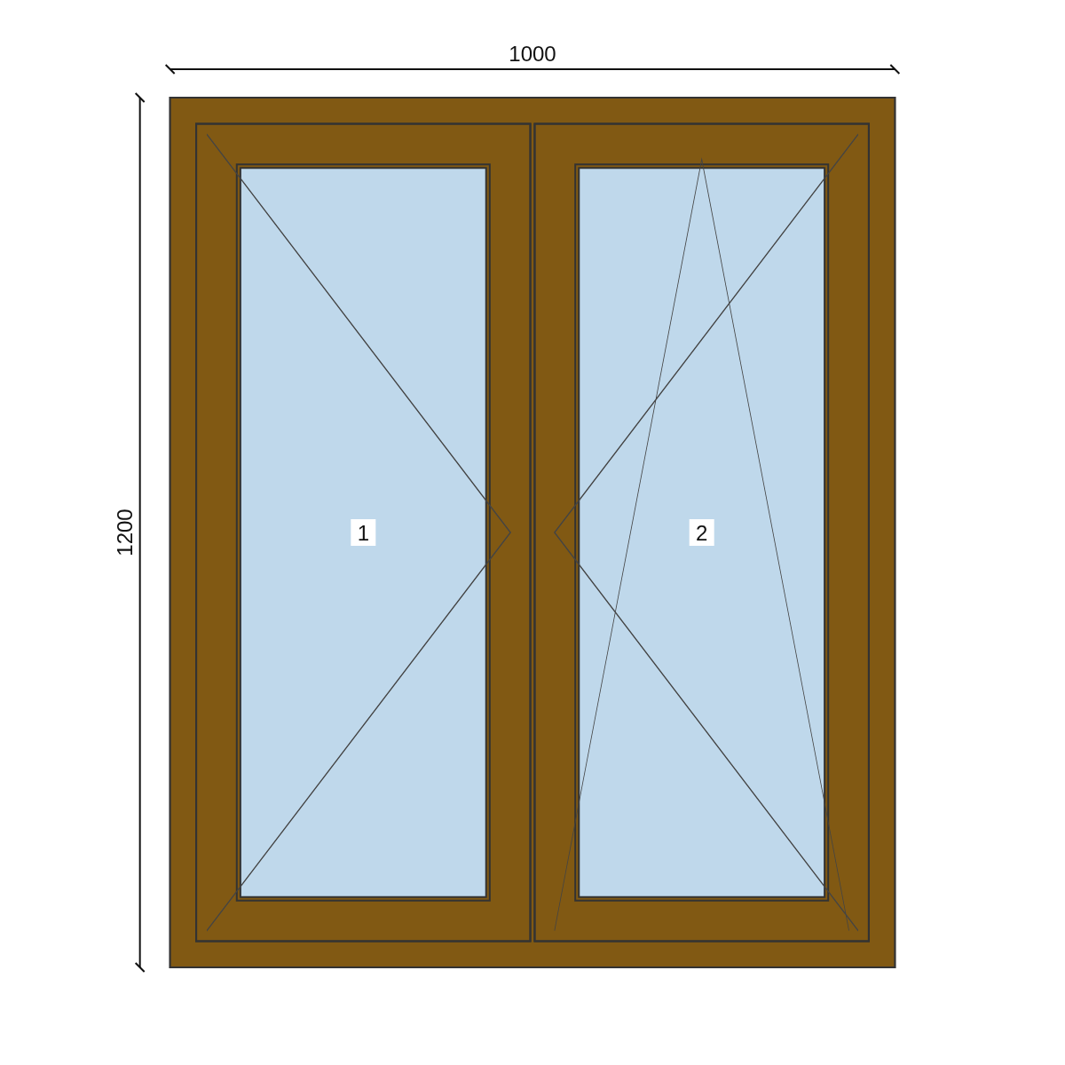 Serramento in PVC 1000 × 1200 mm, disegno della configurazione