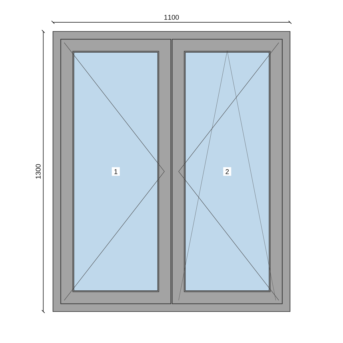 Serramento in PVC 1100 × 1300 mm, disegno della configurazione