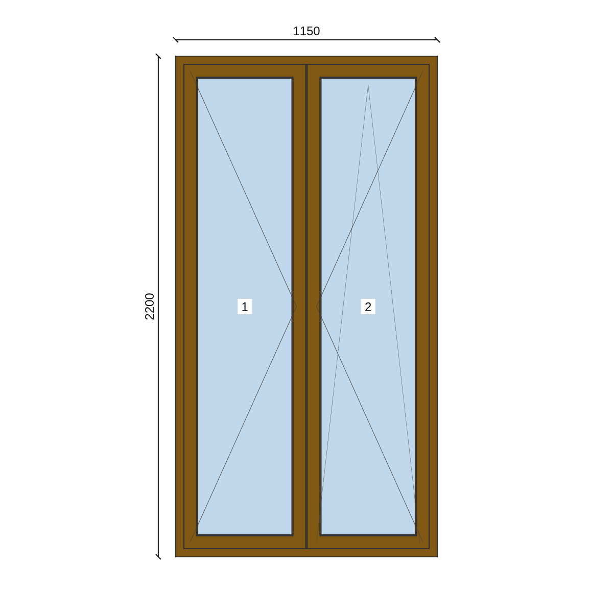 Serramento in PVC 1150 × 2200 mm, disegno della configurazione