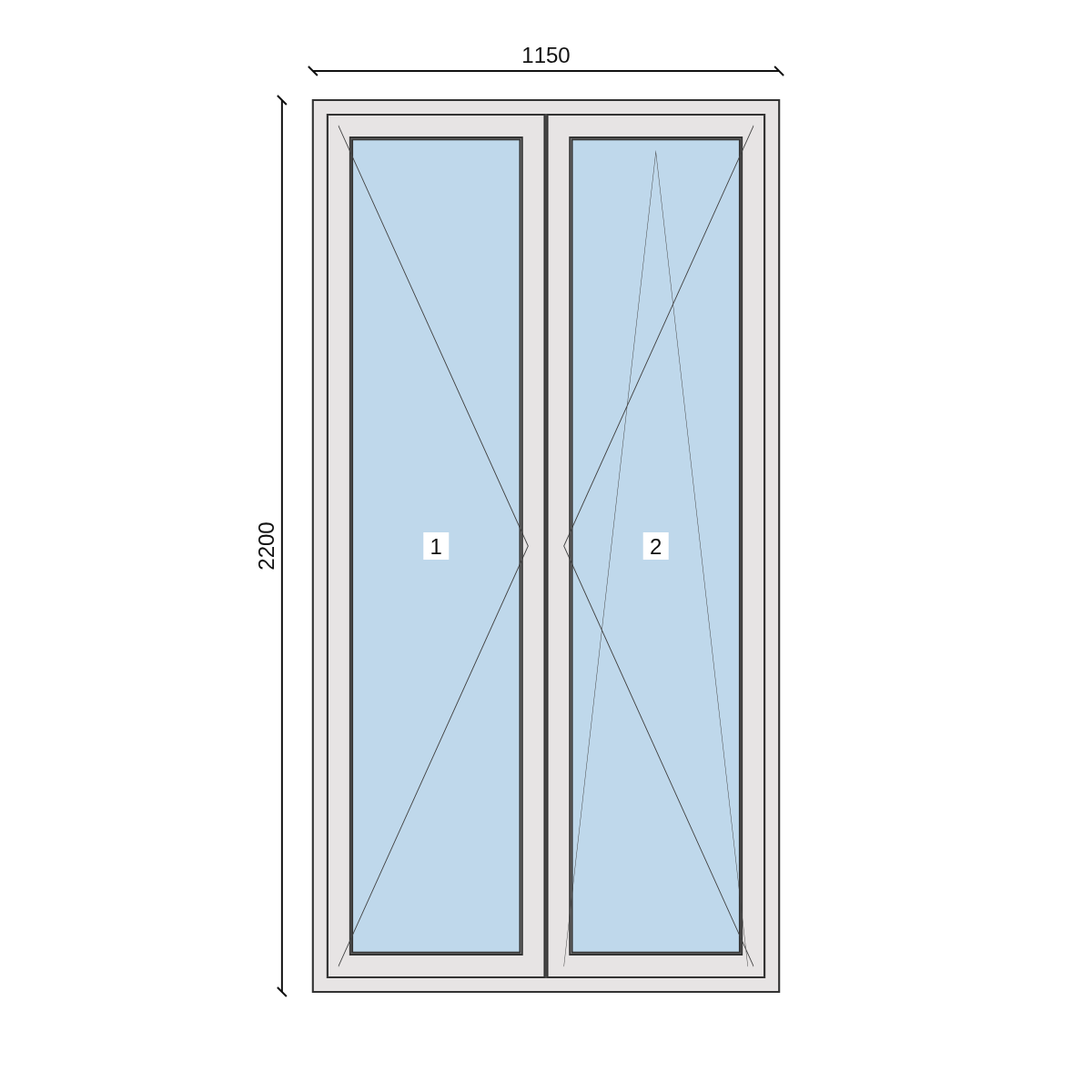 Serramento in PVC 1150 × 2200 mm, disegno della configurazione