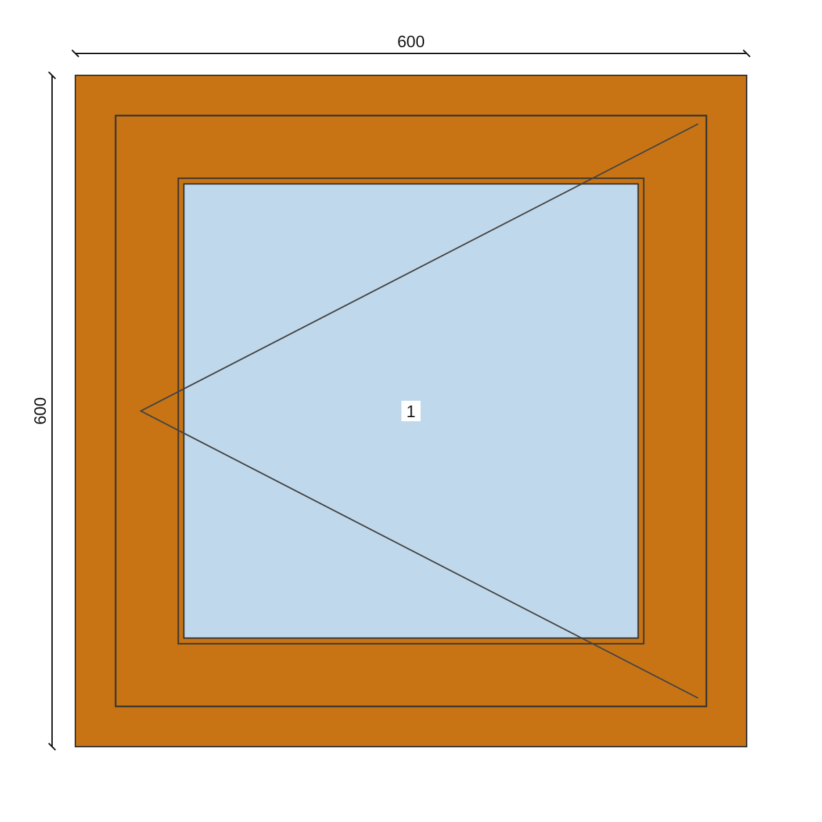 Serramento in PVC 600 × 600 mm, disegno della configurazione