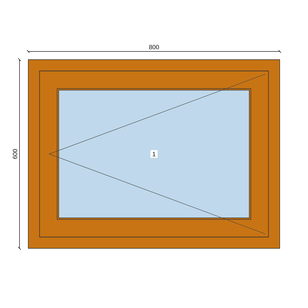 Serramento in PVC 800 × 600 mm, disegno della configurazione