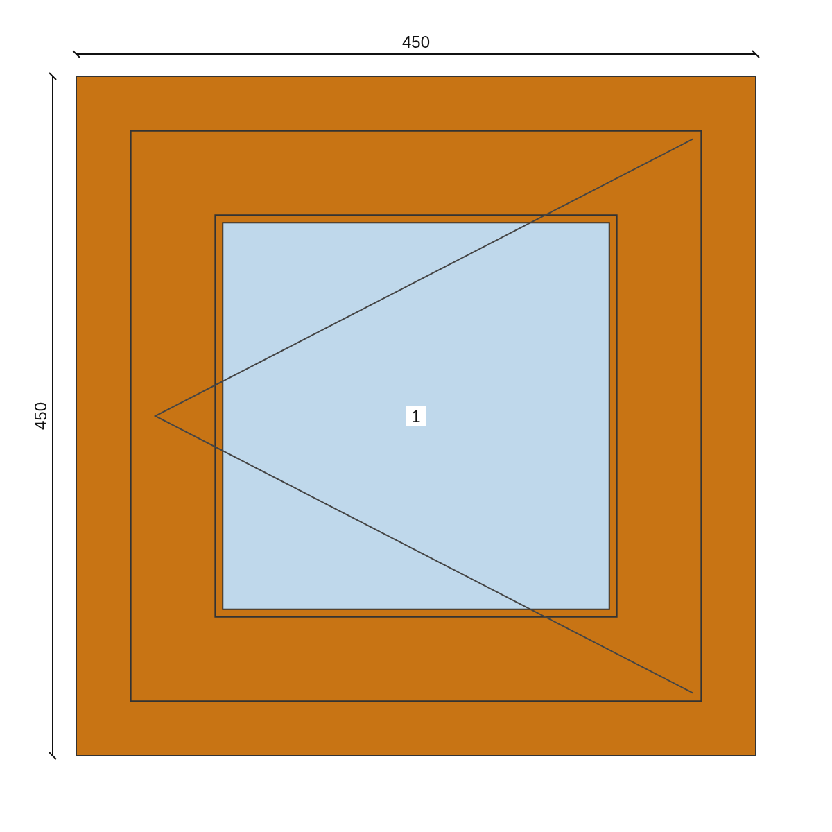 Serramento in PVC 450 × 450 mm, disegno della configurazione