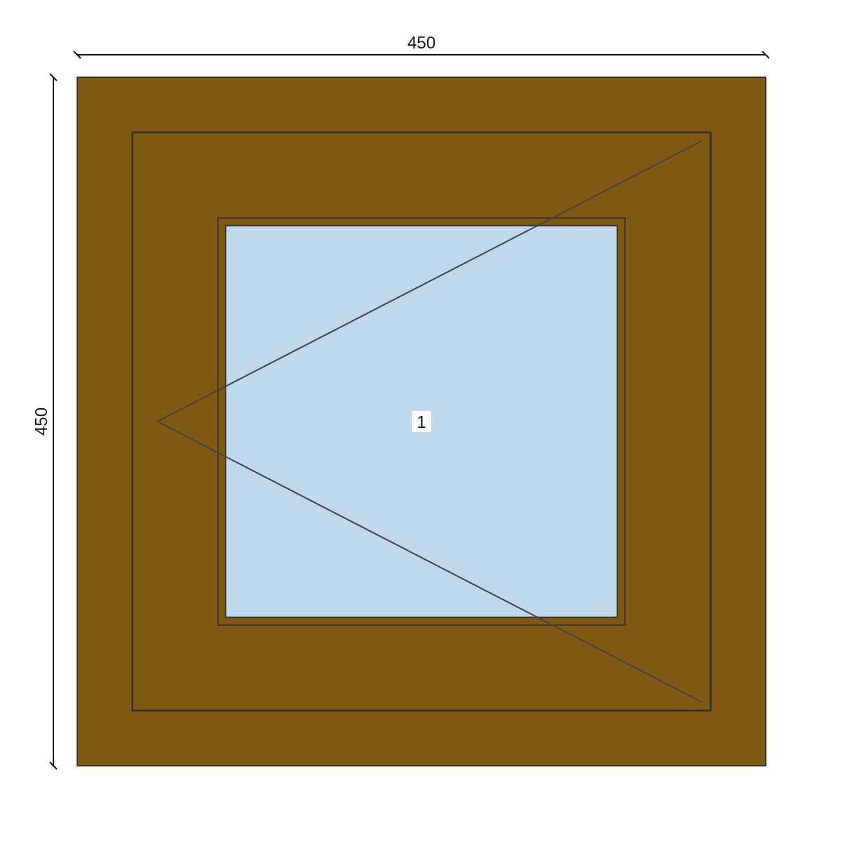 Serramento in PVC 450 × 450 mm, disegno della configurazione