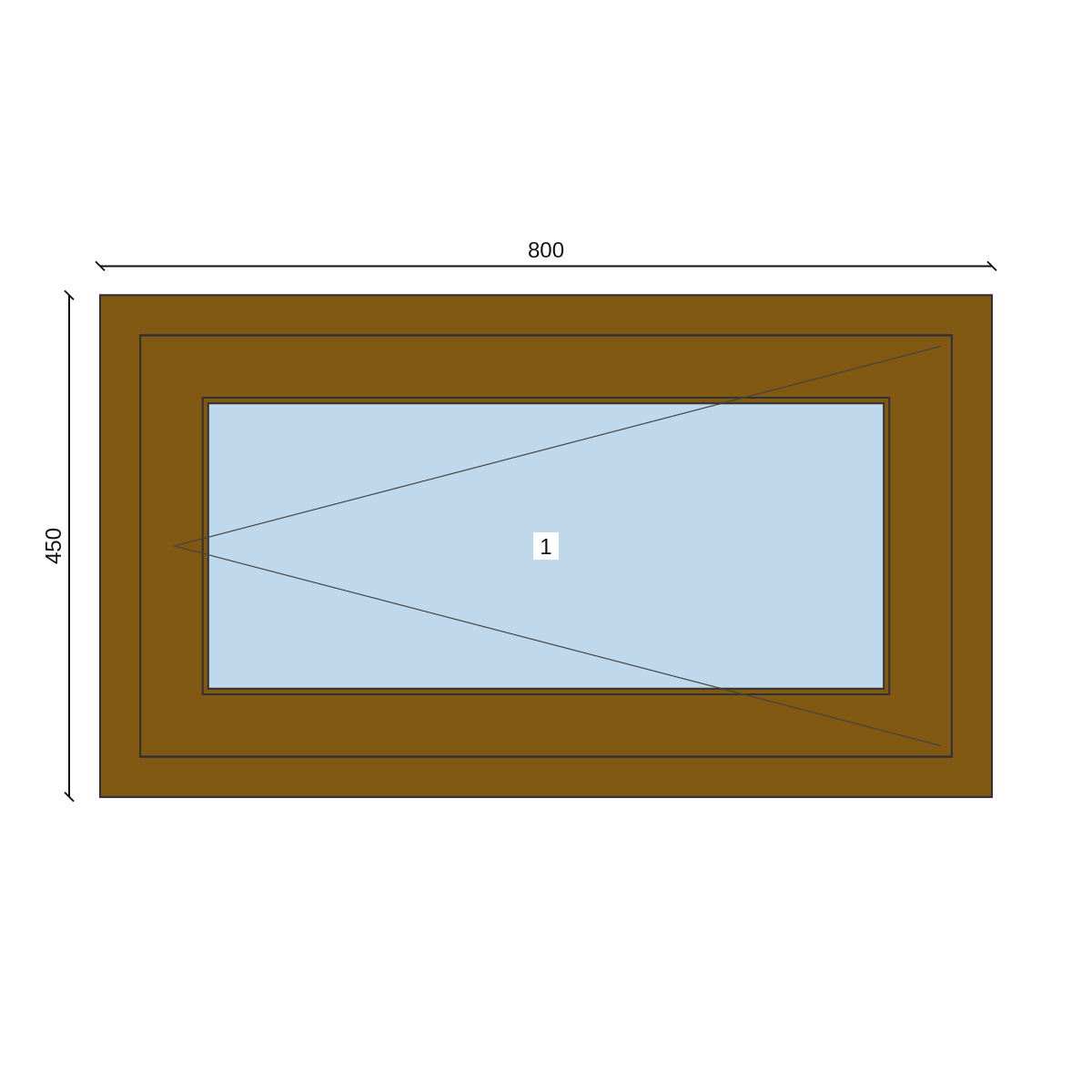 Serramento in PVC 800 × 450 mm, disegno della configurazione