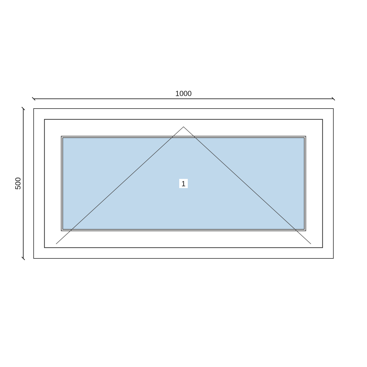 Serramento in PVC 1000 × 500 mm, disegno della configurazione