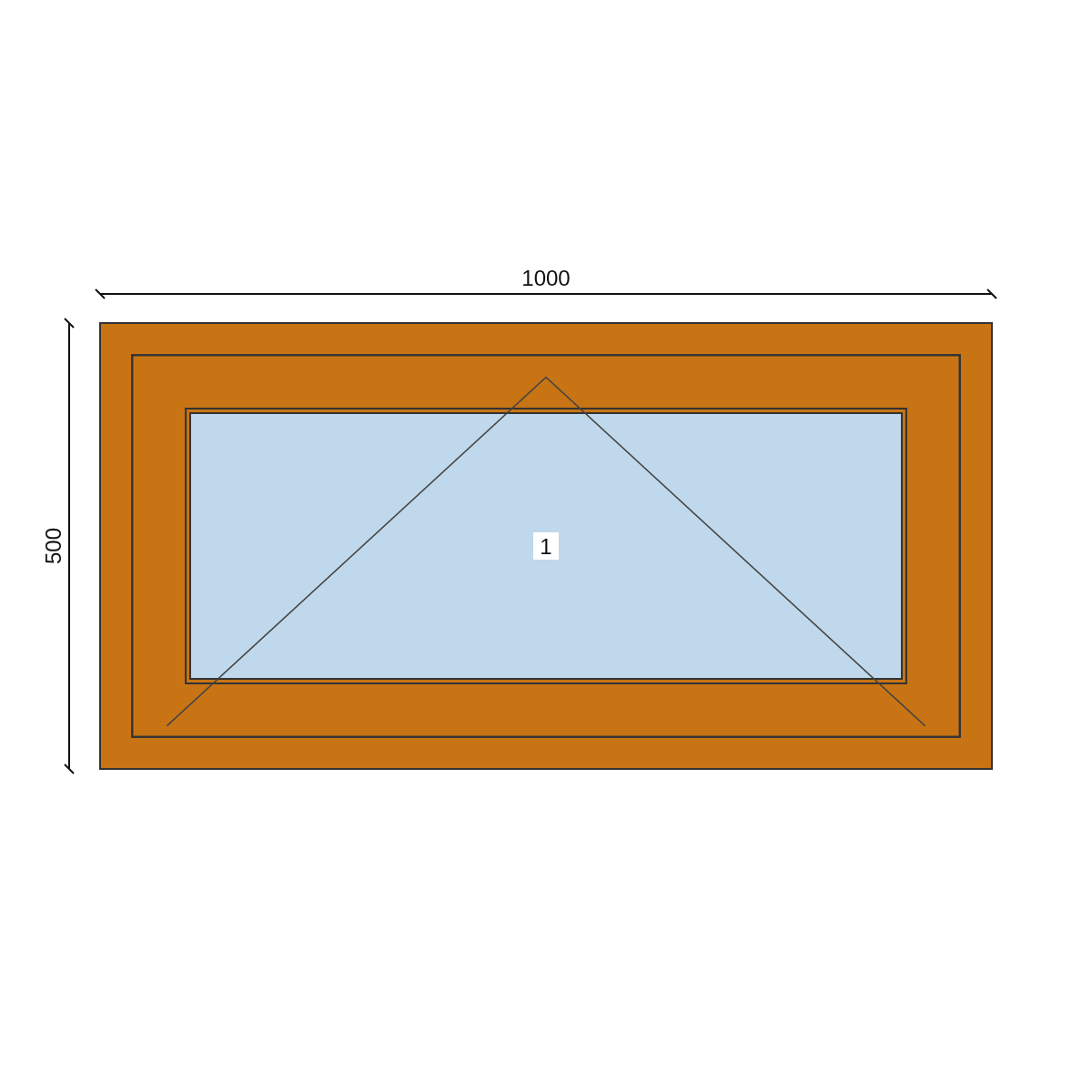 Serramento in PVC 1000 × 500 mm, disegno della configurazione