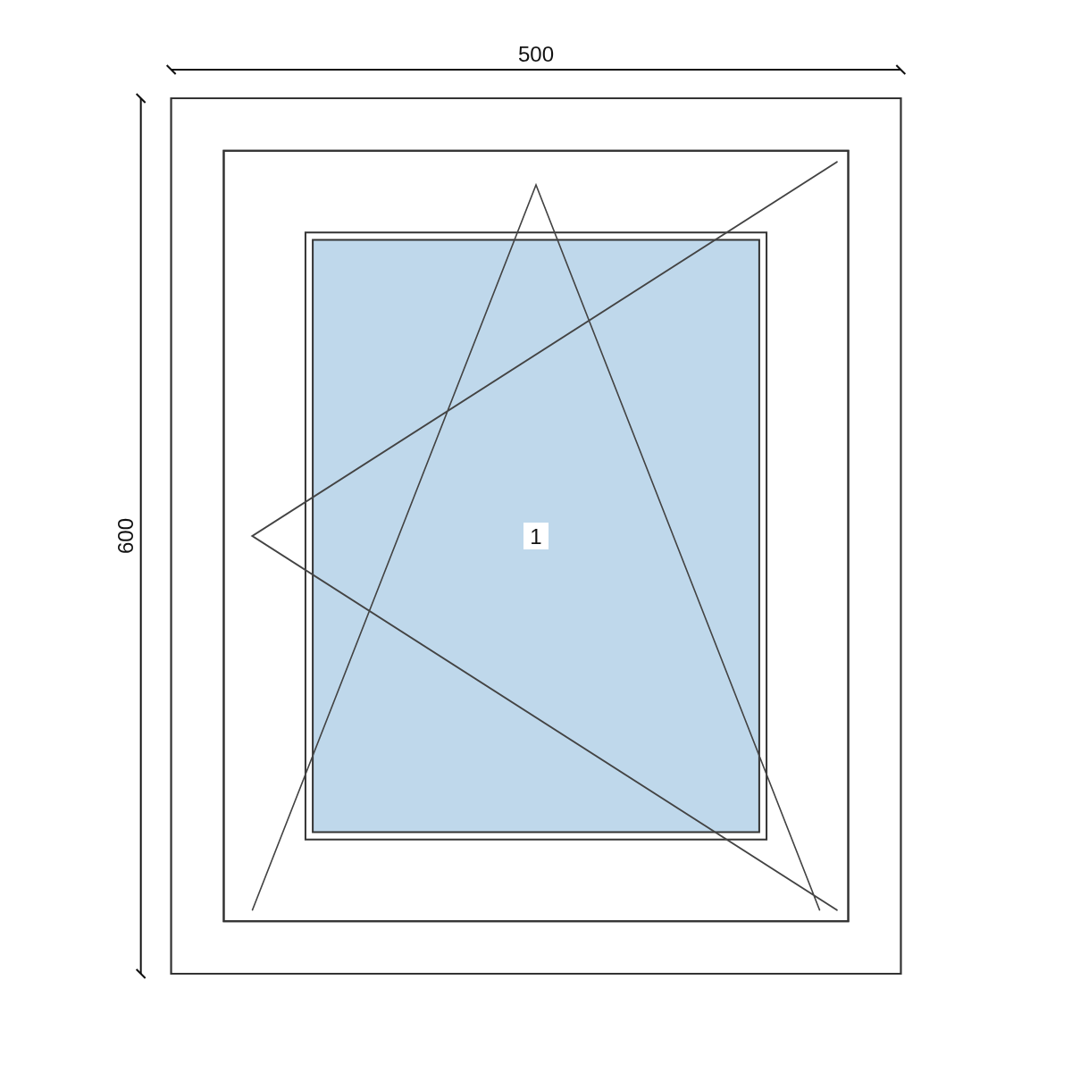 Serramento in PVC 500 × 600 mm, disegno della configurazione