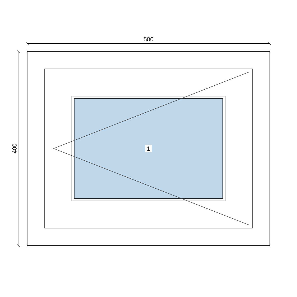 Serramento in PVC 500 × 400 mm, disegno della configurazione