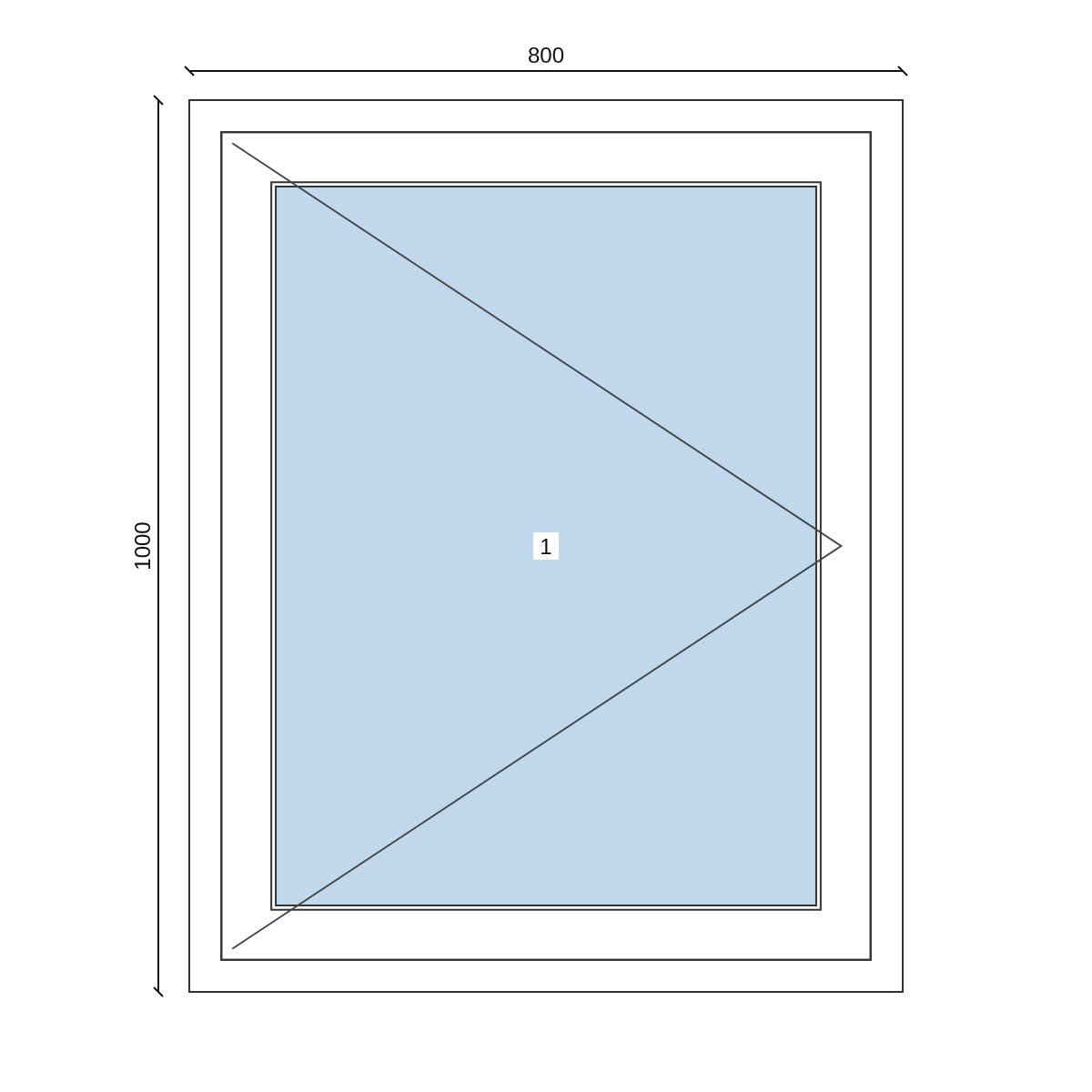 Serramento in PVC 800 × 1000 mm, disegno della configurazione