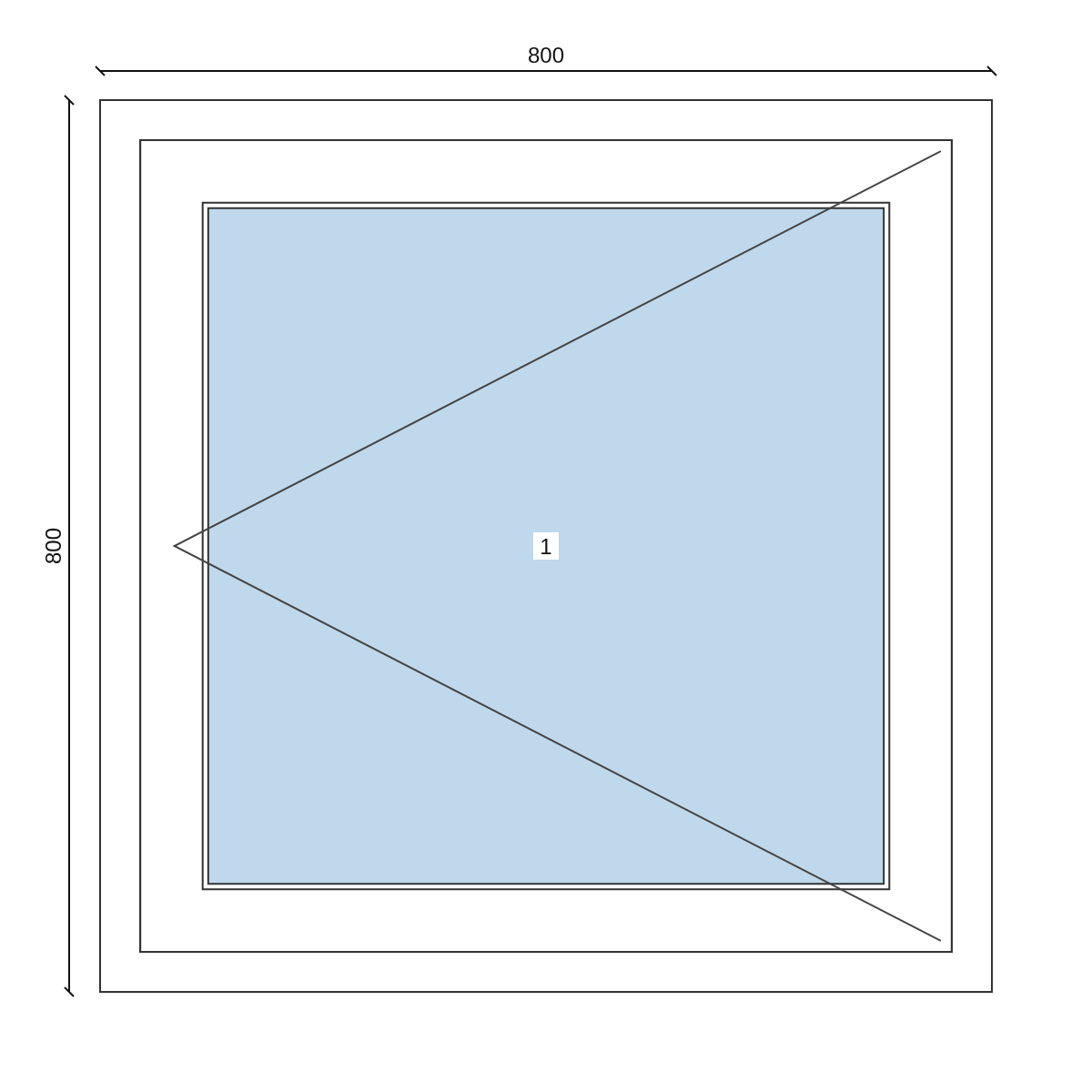 Serramento in PVC 800 × 800 mm, disegno della configurazione