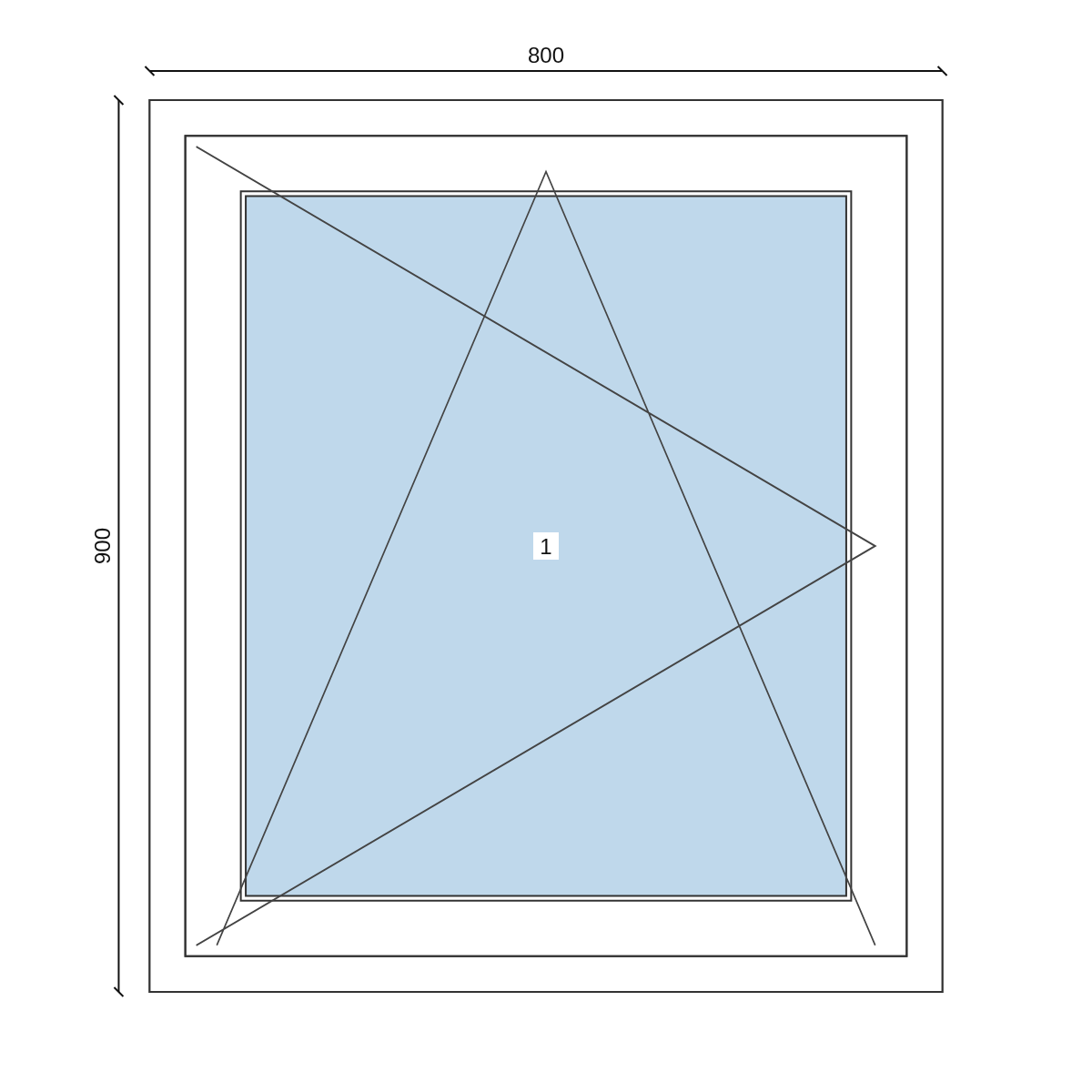 Serramento in PVC 800 × 900 mm, disegno della configurazione