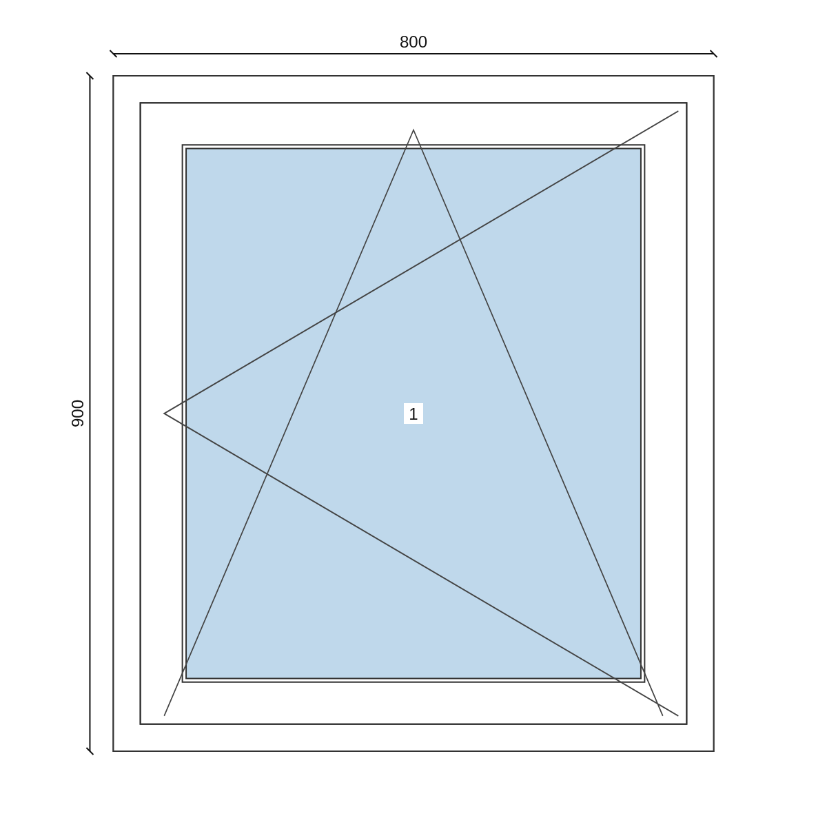 Serramento in PVC 800 × 900 mm, disegno della configurazione