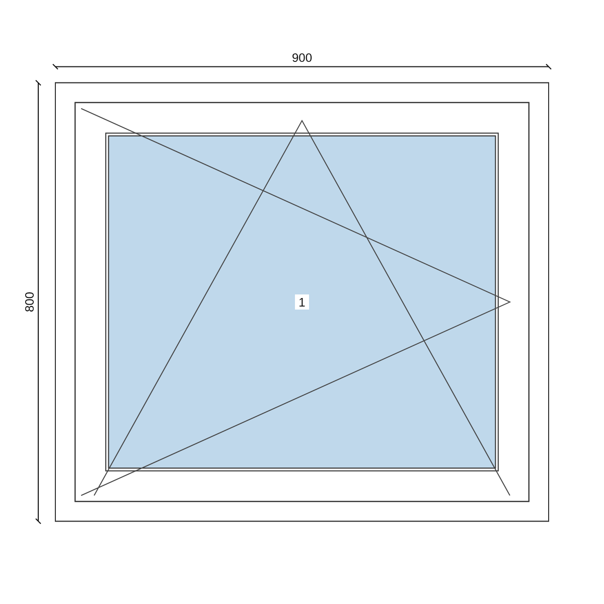 Serramento in PVC 900 × 800 mm, disegno della configurazione