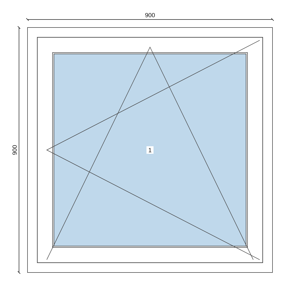Serramento in PVC 900 × 900 mm, disegno della configurazione