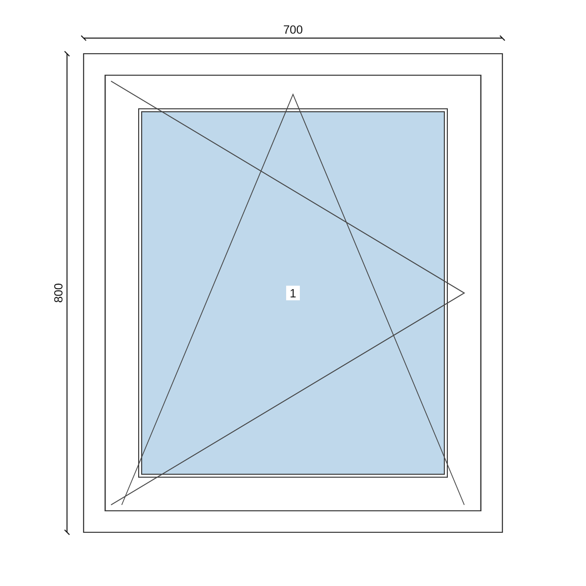 Serramento in PVC 700 × 800 mm, disegno della configurazione