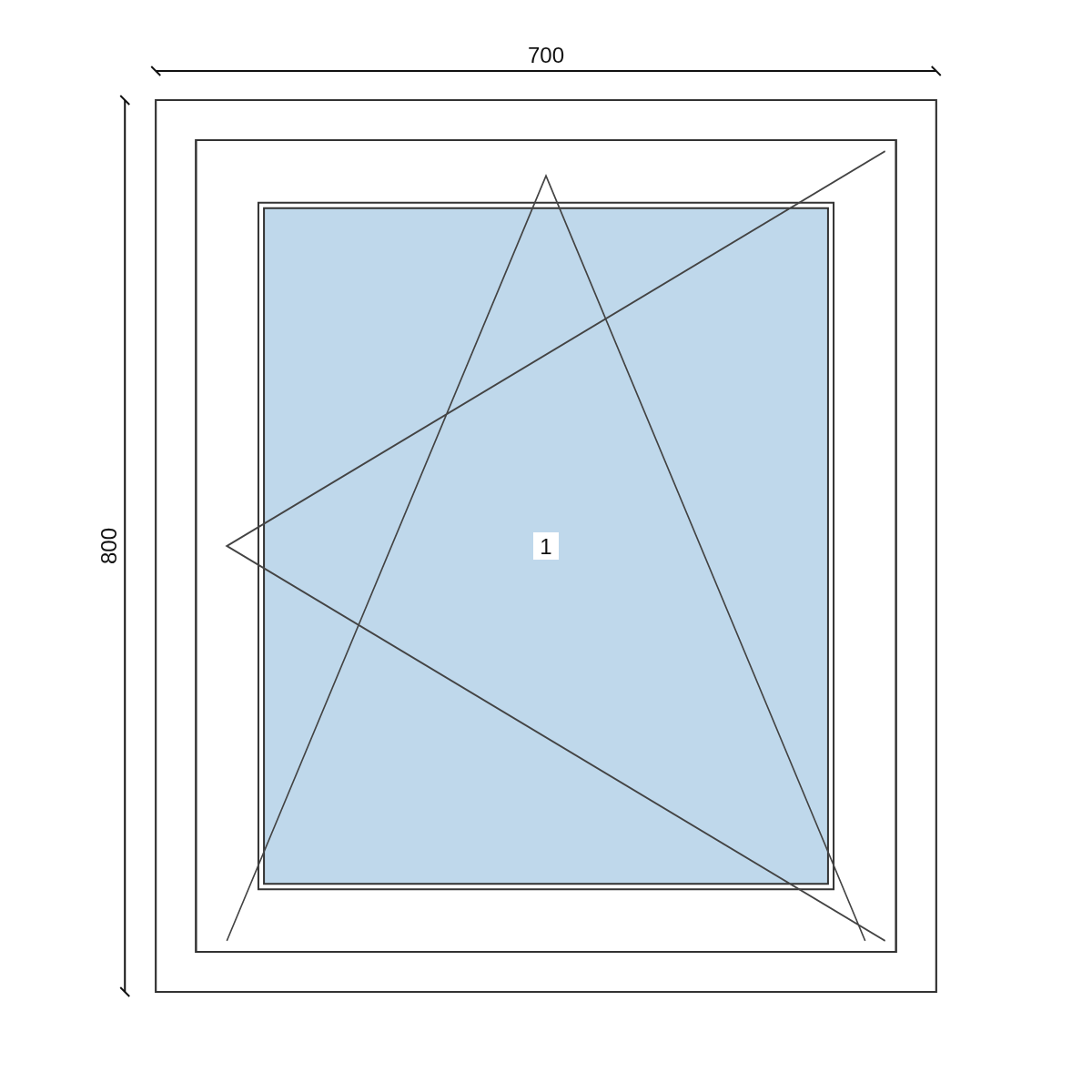 Serramento in PVC 700 × 800 mm, disegno della configurazione
