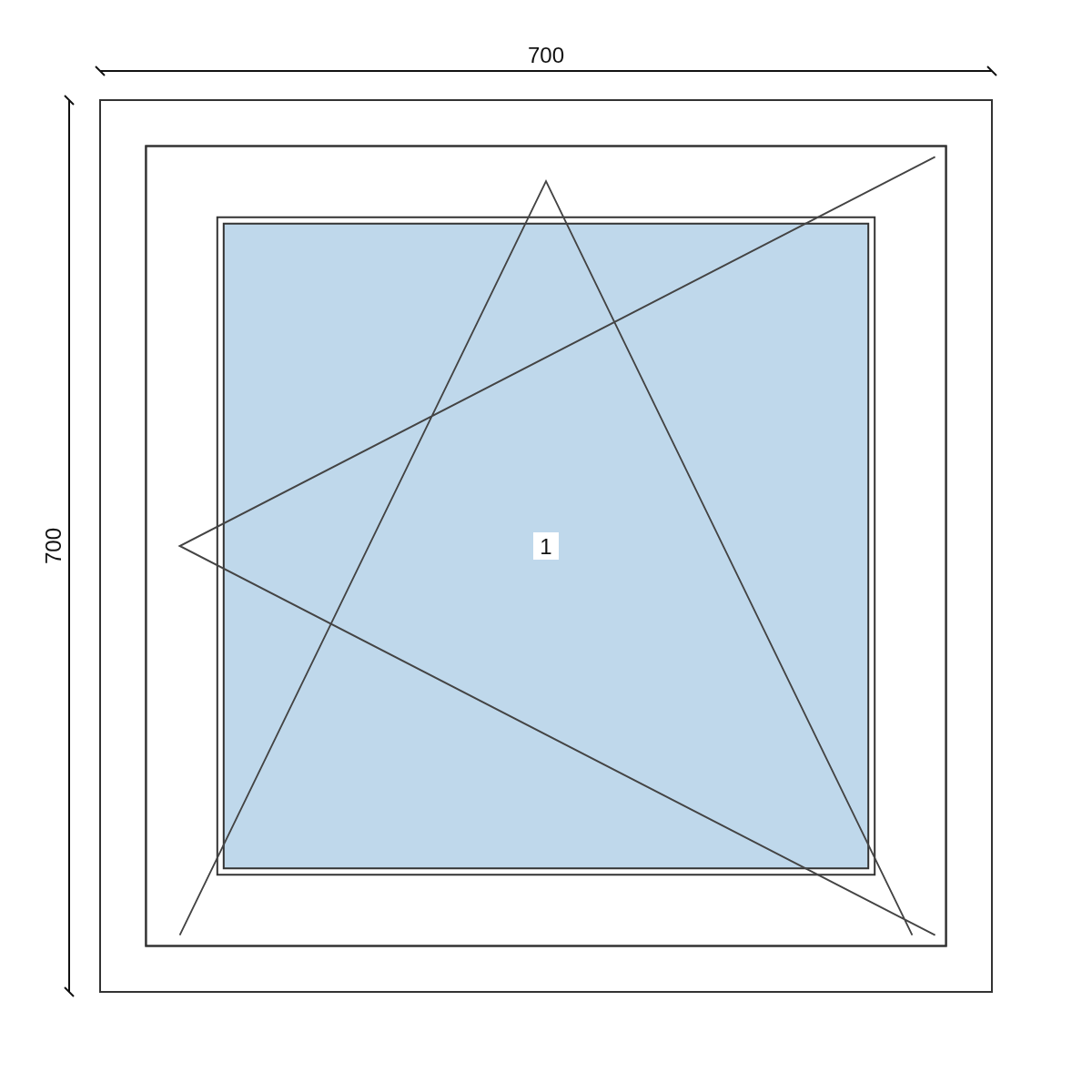 Serramento in PVC 700 × 700 mm, disegno della configurazione