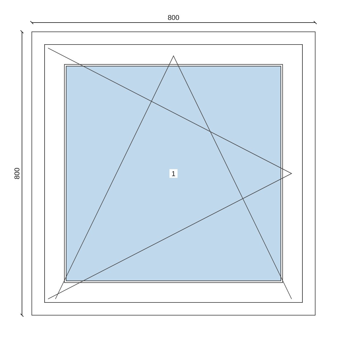 Serramento in PVC 800 × 800 mm, disegno della configurazione