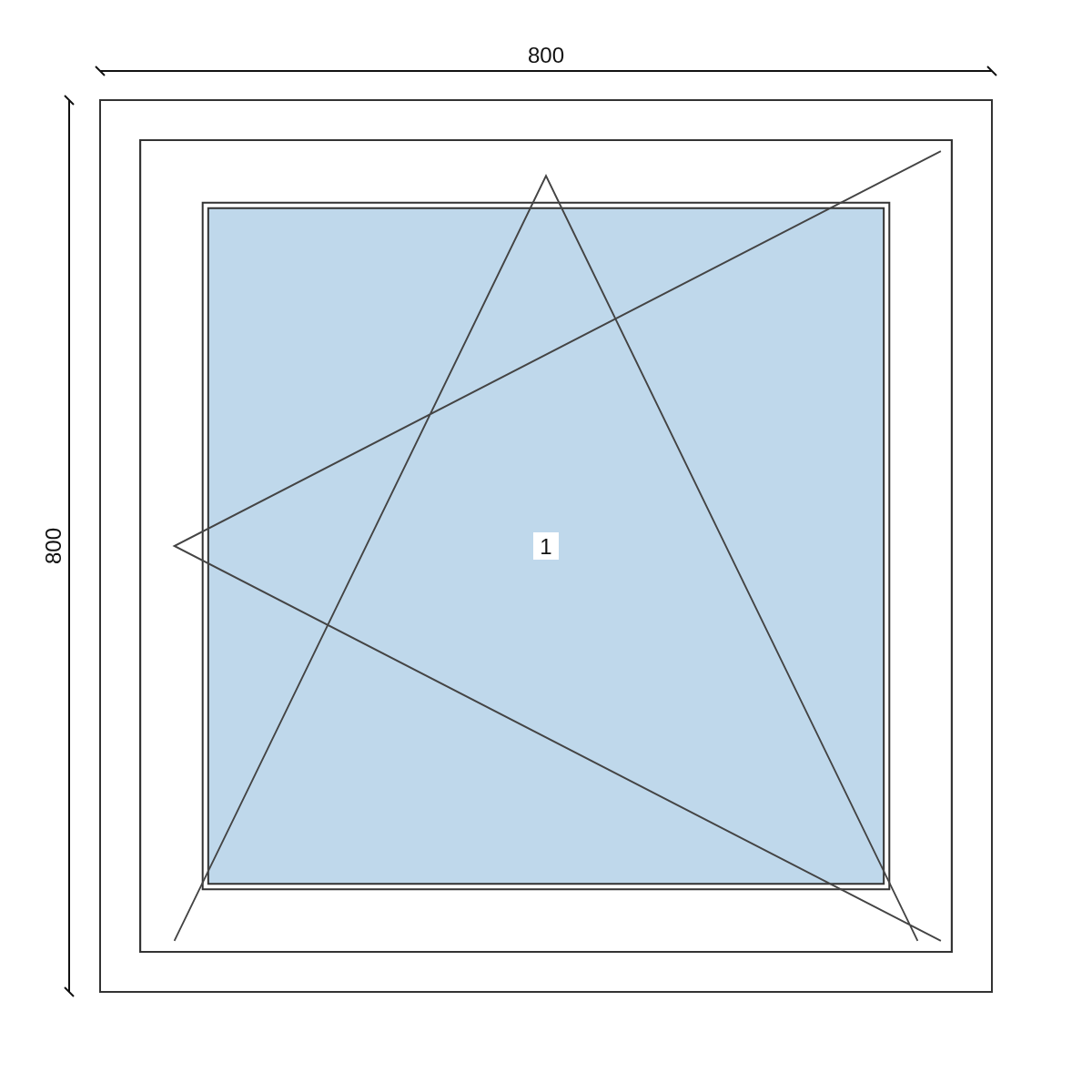 Serramento in PVC 800 × 800 mm, disegno della configurazione