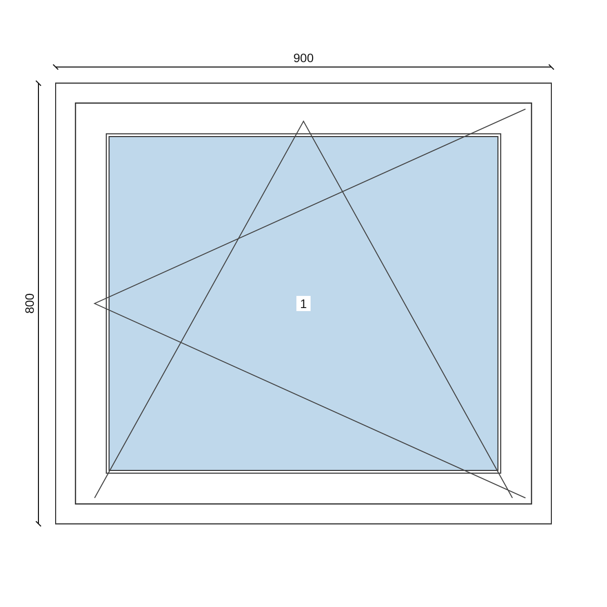Serramento in PVC 900 × 800 mm, disegno della configurazione
