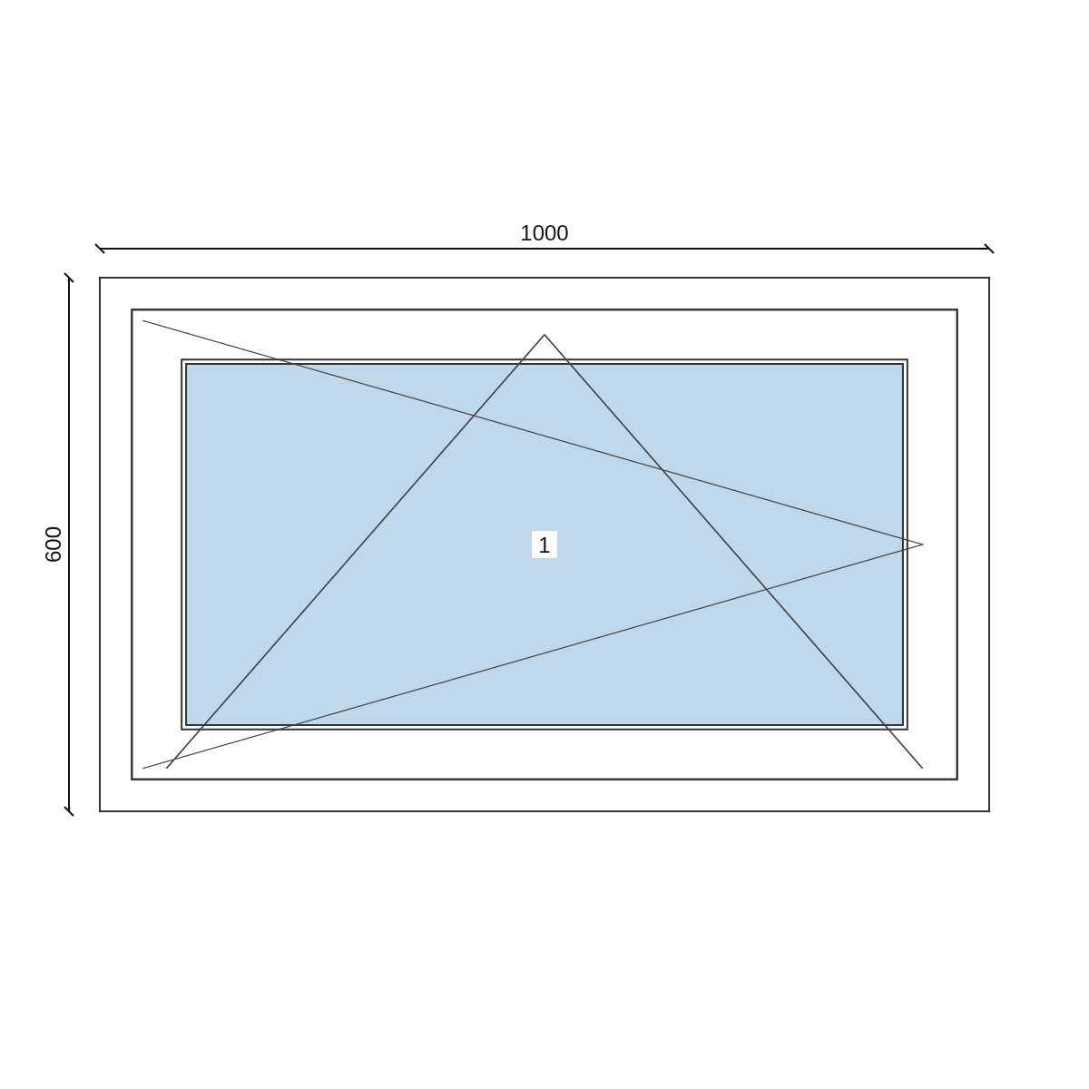 Serramento in PVC 1000 × 600 mm, disegno della configurazione