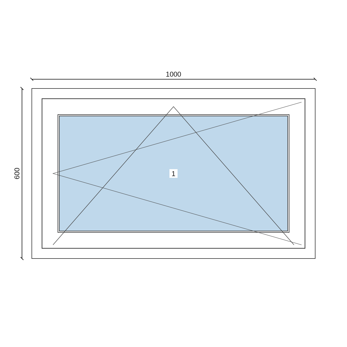 Serramento in PVC 1000 × 600 mm, disegno della configurazione