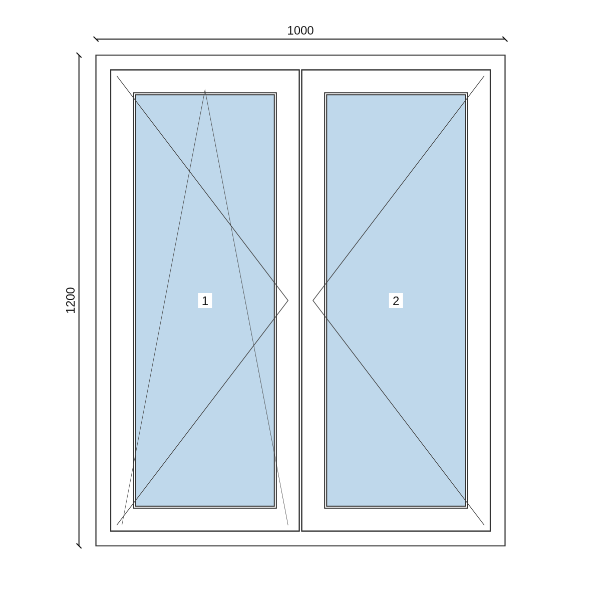 Serramento in PVC 1000 × 1200 mm, disegno della configurazione