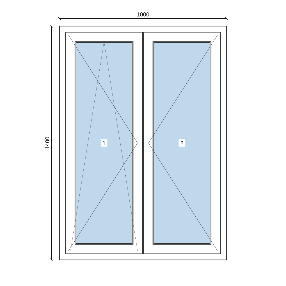 Serramento in PVC 1000 × 1400 mm, disegno della configurazione
