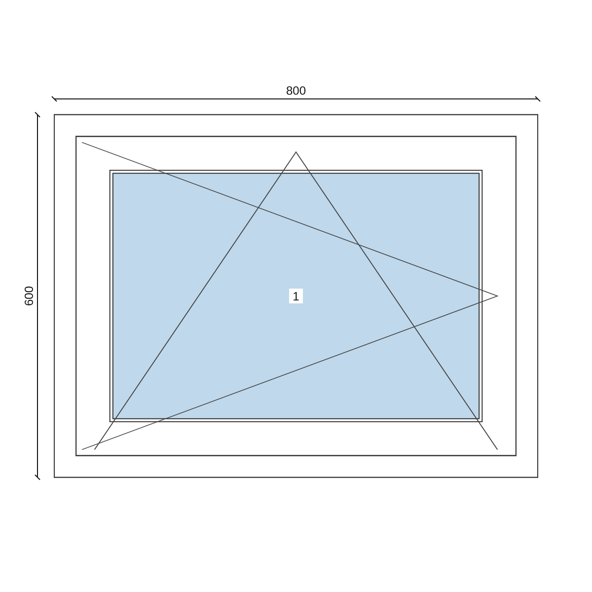 Serramento in PVC 800 × 600 mm, disegno della configurazione