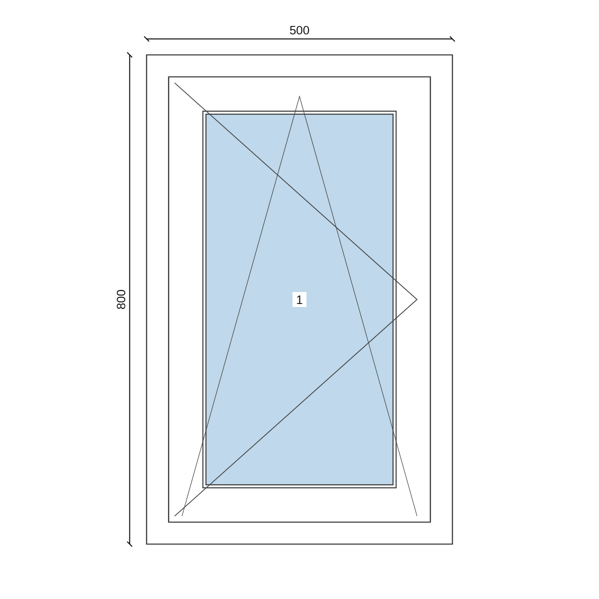Serramento in PVC 500 × 800 mm, disegno della configurazione