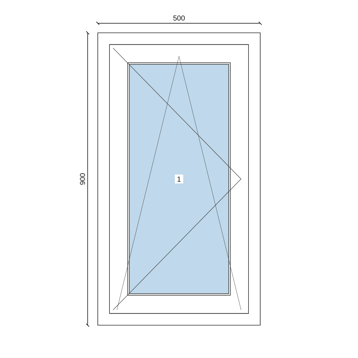 Serramento in PVC 500 × 900 mm, disegno della configurazione