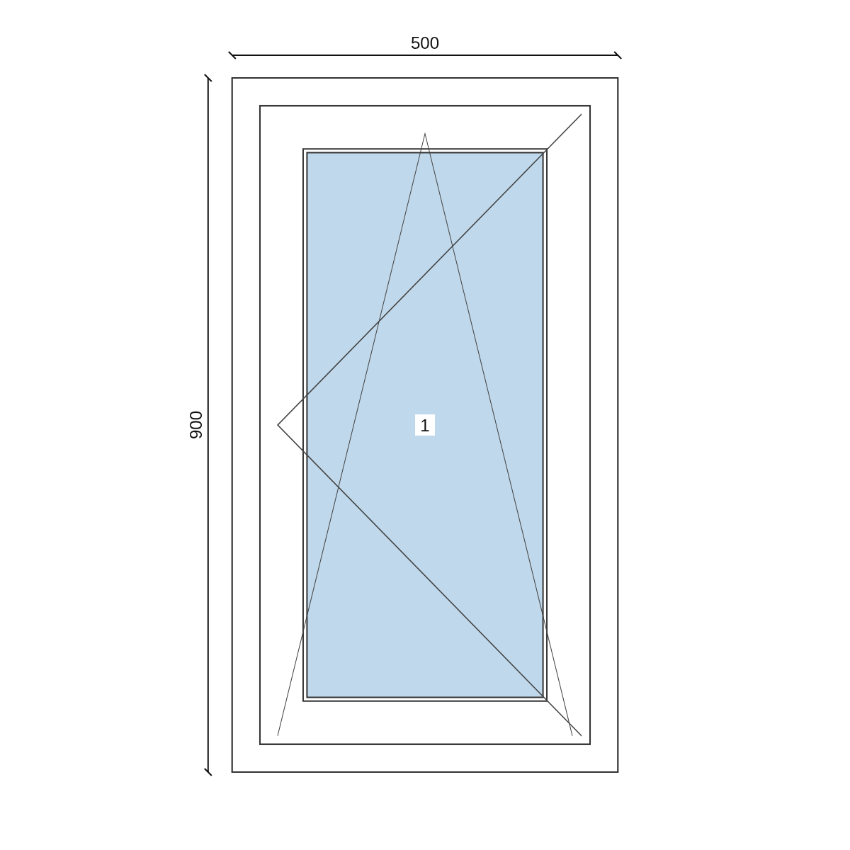 Serramento in PVC 500 × 900 mm, disegno della configurazione