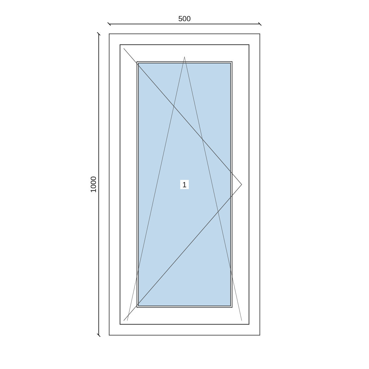 Serramento in PVC 500 × 1000 mm, disegno della configurazione
