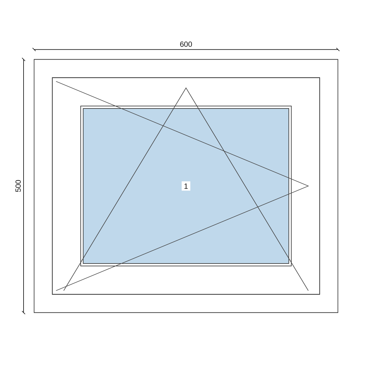Serramento in PVC 600 × 500 mm, disegno della configurazione