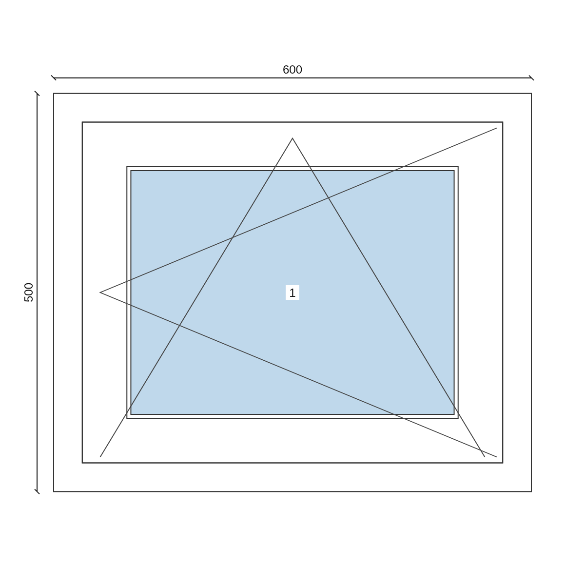 Serramento in PVC 600 × 500 mm, disegno della configurazione