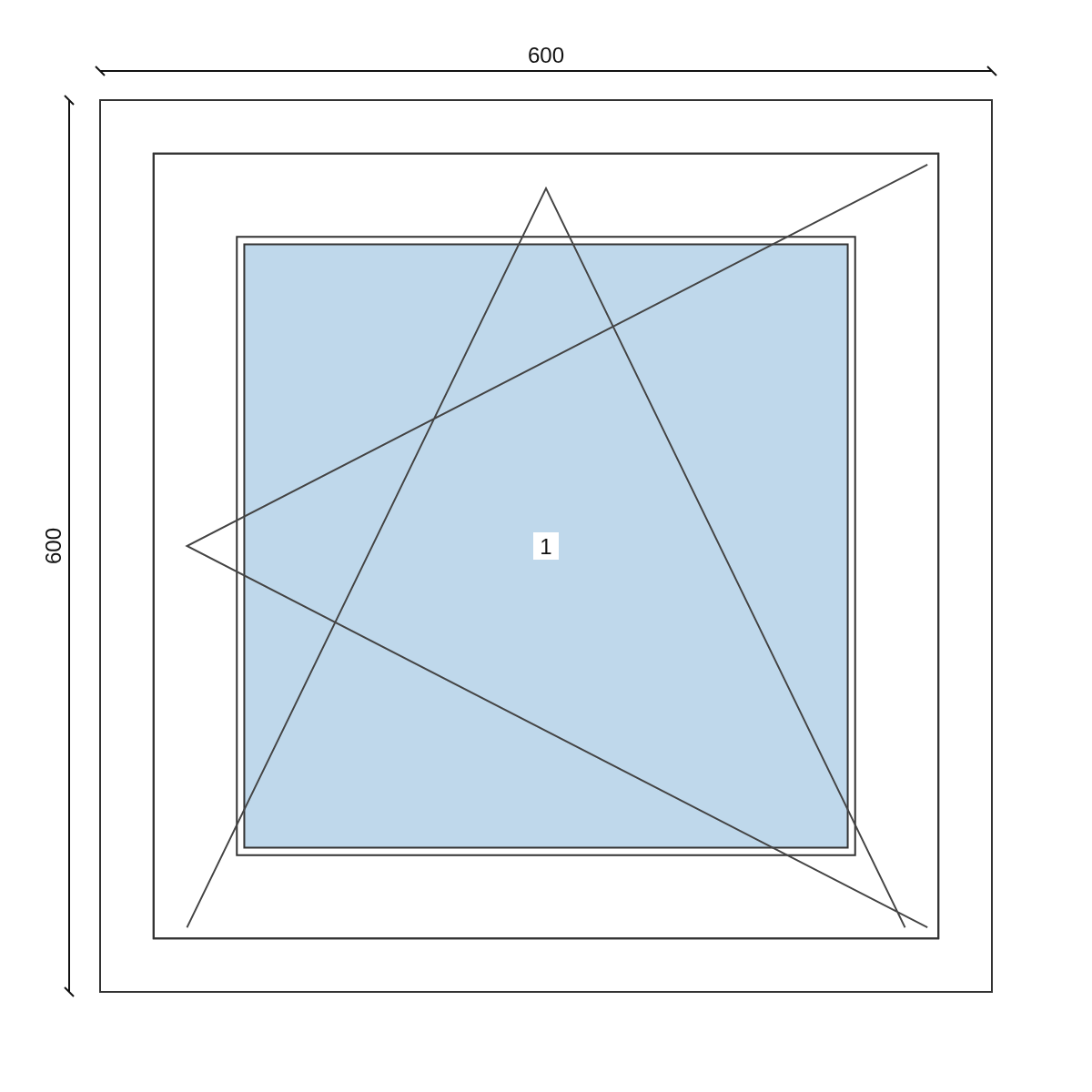 Serramento in PVC 600 × 600 mm, disegno della configurazione